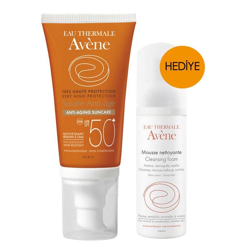 Avene Yaşlanma Karşıtı Güneş Kremi SPF 50 50 ml | Temizleyici Köpük 50 ml HEDİYE
