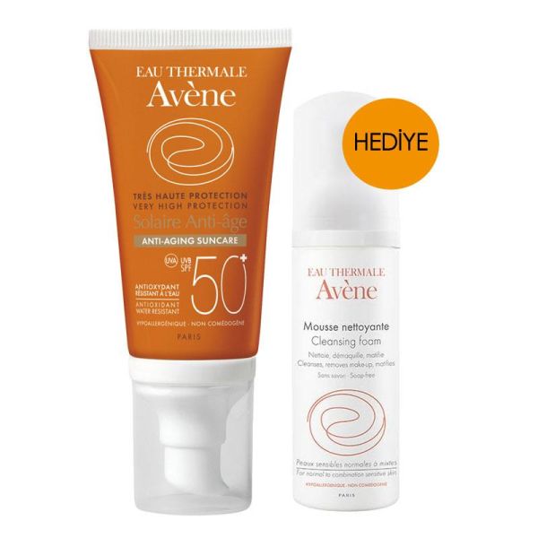 Avene Yaşlanma Karşıtı Güneş Kremi SPF 50 50 ml | Temizleyici Köpük 50 ml HEDİYE