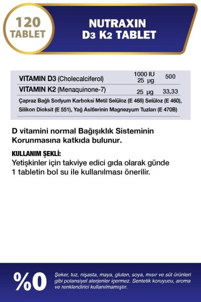 Nutraxin Vitamin D3 K2 Vitamini İçeren Takviye Edici Gıda