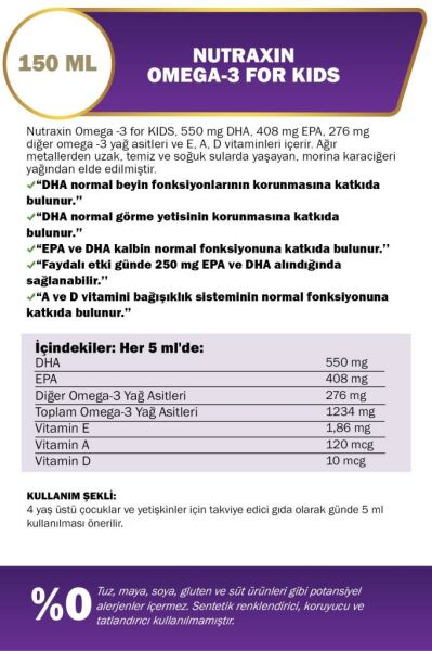 Nutraxin For Kids Omega-3 Balık Yağı Takviye Edici Gıda 150 ml