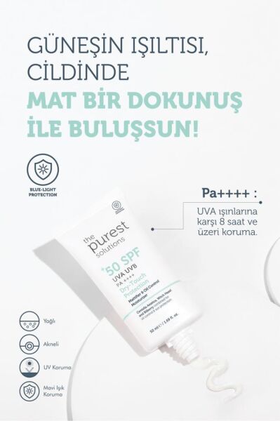 The Purest Solutions Dry Touch Protection Mat Bitişli Yağlı Ciltler İçin Güneş Kremi SPF50+ 50 ml